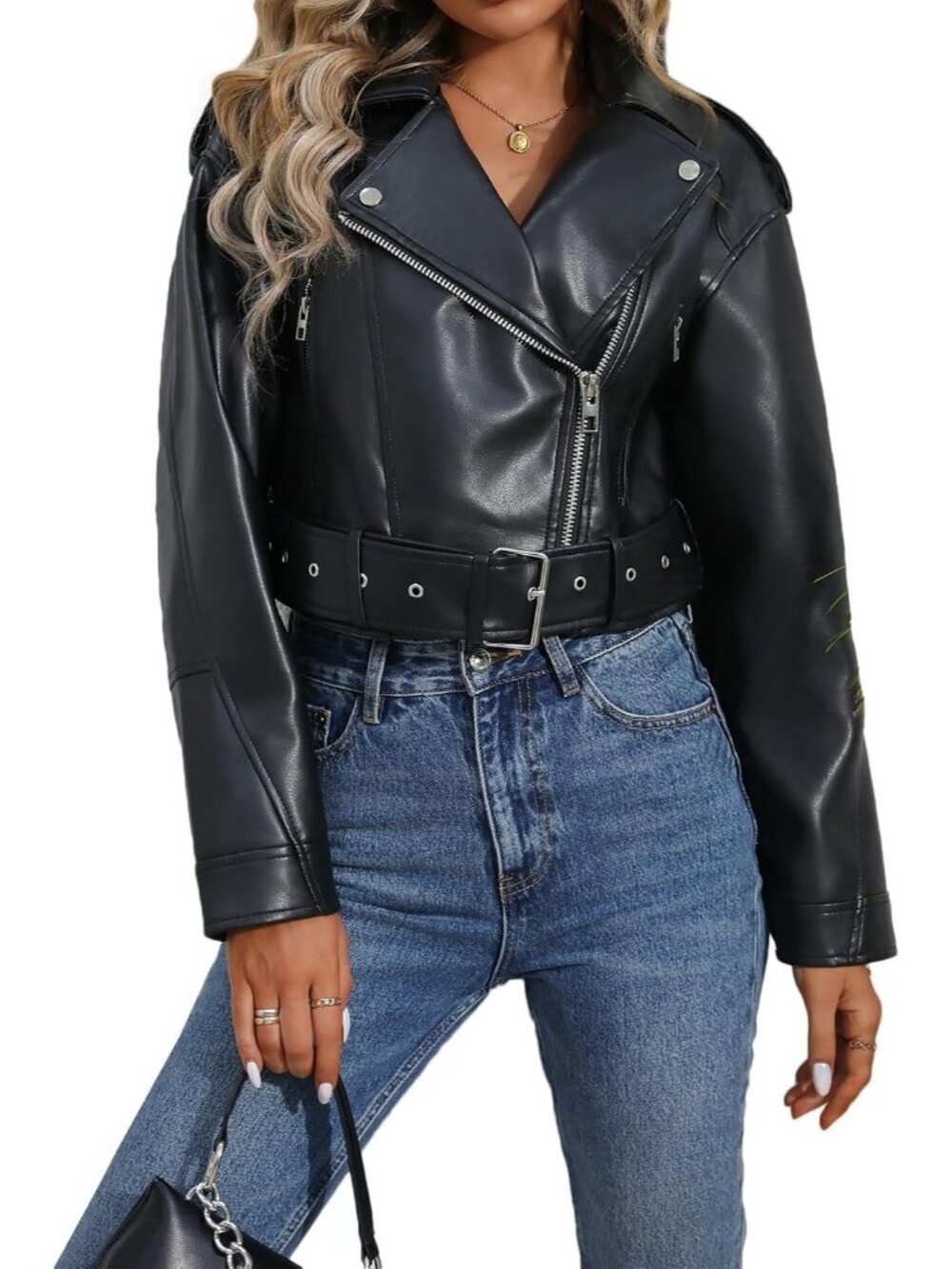 Women's Black Faux Leather Cropped Jacket Vegan Motor Biker Coat with Belt